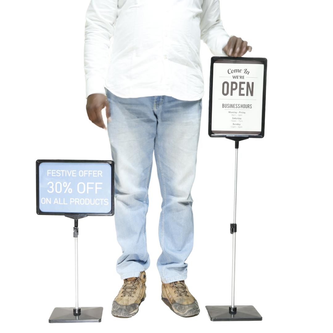 Infomate Adjustable Fra Floor Sign Stand, Vertical & Horizontal Display