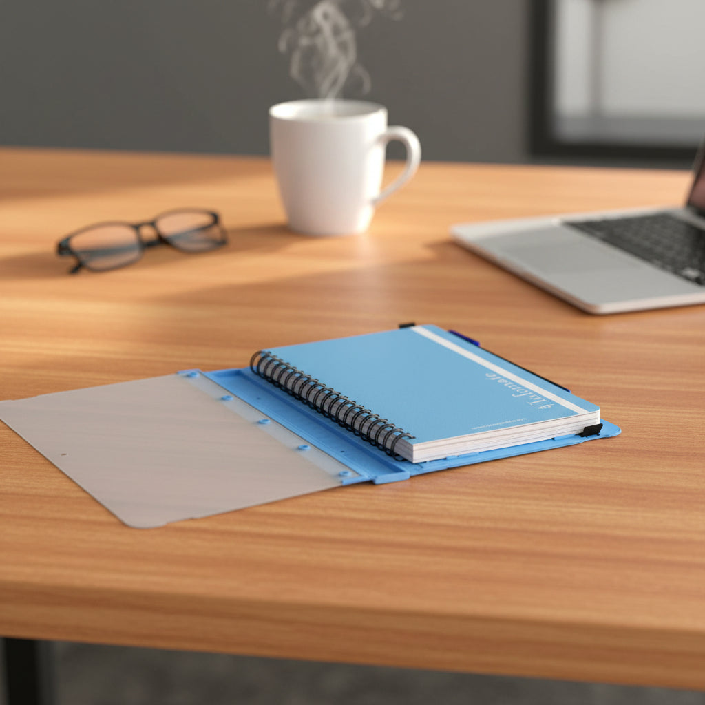 A blue spiral-bound notebook with a clear plastic cover or insert attached on the left side, shown open on a plain white background.